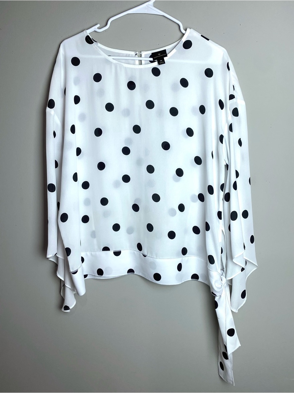 Worthington White Blouse with Black Polka Dots and Side Tie